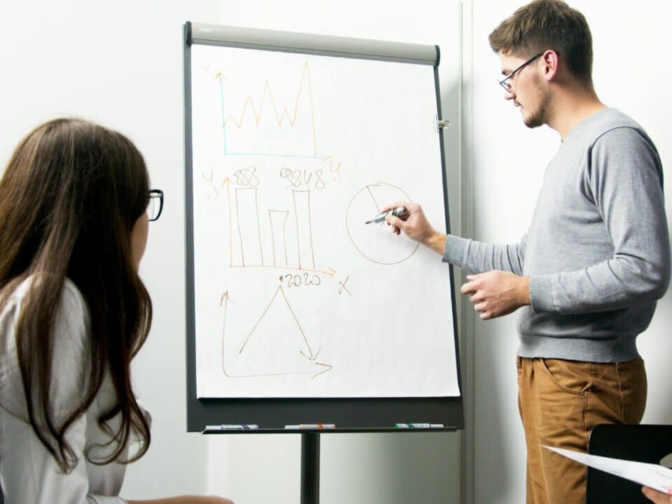 Il s'agit d'une image ou une femme est assise et regarde un homme lui montré des donnée sur un tableau blanc. L'homme y à déjà écrit des informations clé.